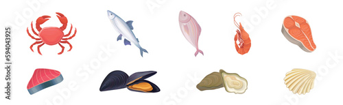 Seafood with Fish, Shrimp and Crab Vector Set