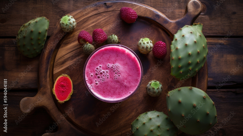 Fresh Opuntia Prickly Pear Smoothie on a Rustic Wooden Table