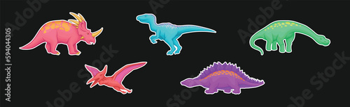 Colorful Dinosaurs Sticker Collection Isolated on Black Background Vector Set