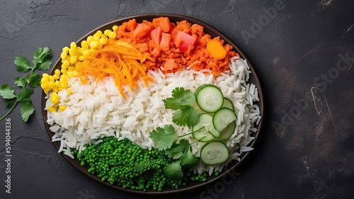 Vegetarian indian food. Top view. Gray background. Generative Ai