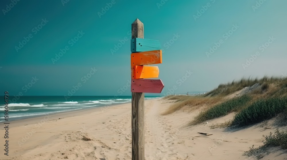 Blank signpost board on the summer beach. Generative Ai