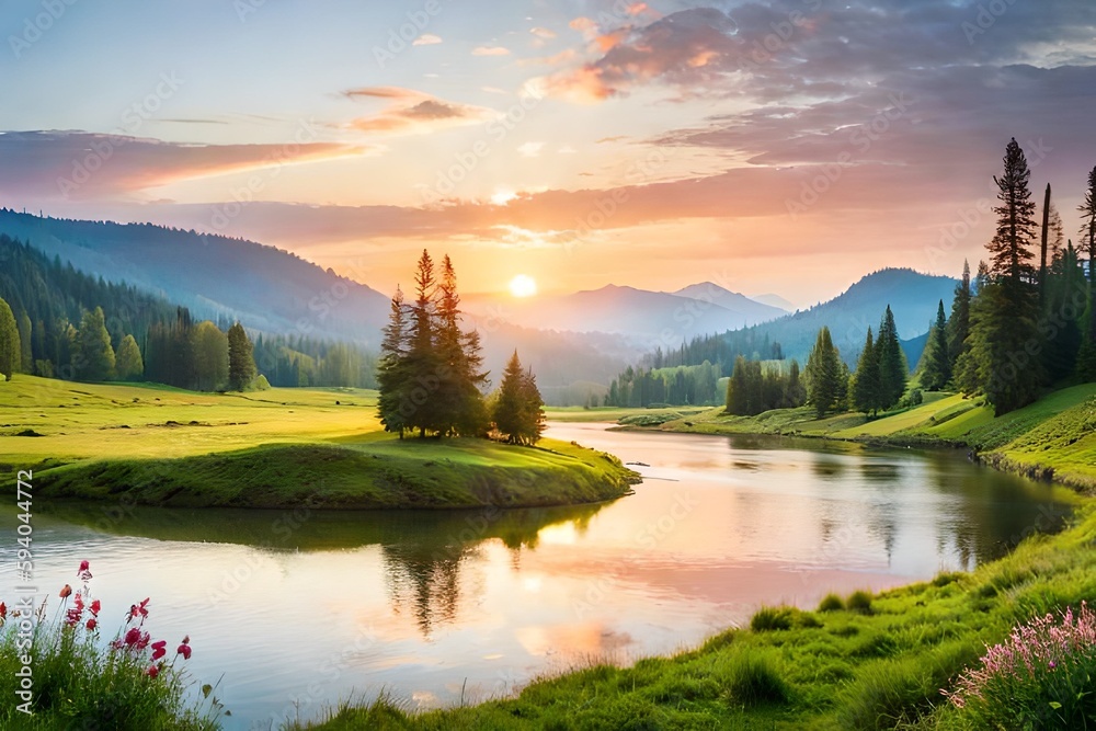 Fototapeta premium Landschaft im Frühling im aquarell Style.