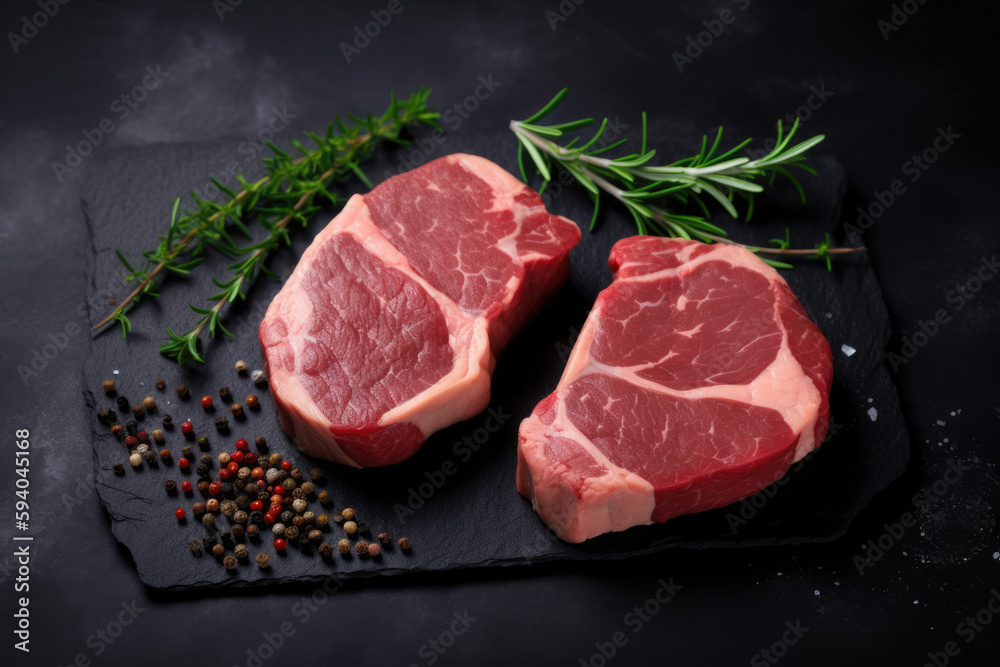 Two raw steaks on a dark shale background, AI Generative Two raw steaks on a dark shale background, AI Generative
