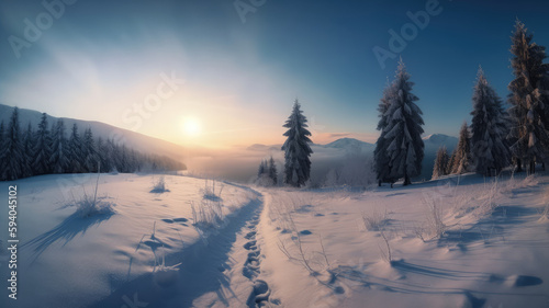Beautiful sunrise at winter misty fog mountains landscape. Generative AI © ribelco