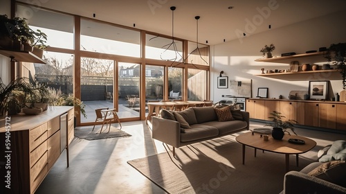 Modern Rustic Living Room with Sustainable Furniture and Stunning Mountain Views Created using generative AI
