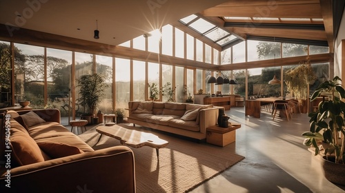 Minimalist Living Room with Expansive Windows and Mountain Views Created using generative AI