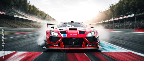 Car racing on a track with motion blur, Generative AI.