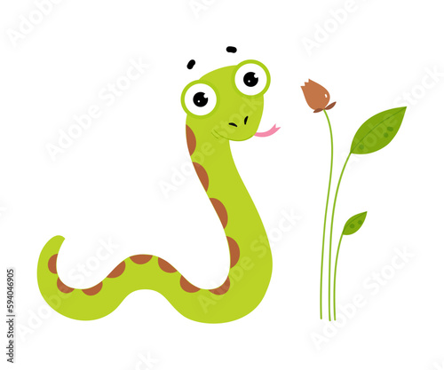 Happy Green Snake or Serpent Crawling Near Plant Stalk Vector Illustration