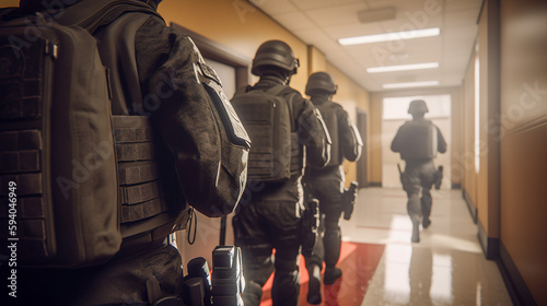 Protecting the School, SWAT Team Members Clear Corridor During Crisis, Generative AI photo