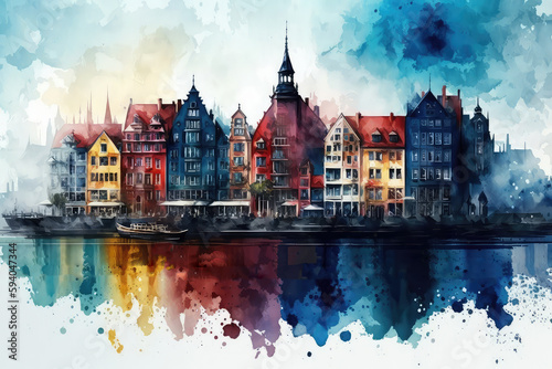 illustration painting of the town near the sea, art of water color (ai generated)