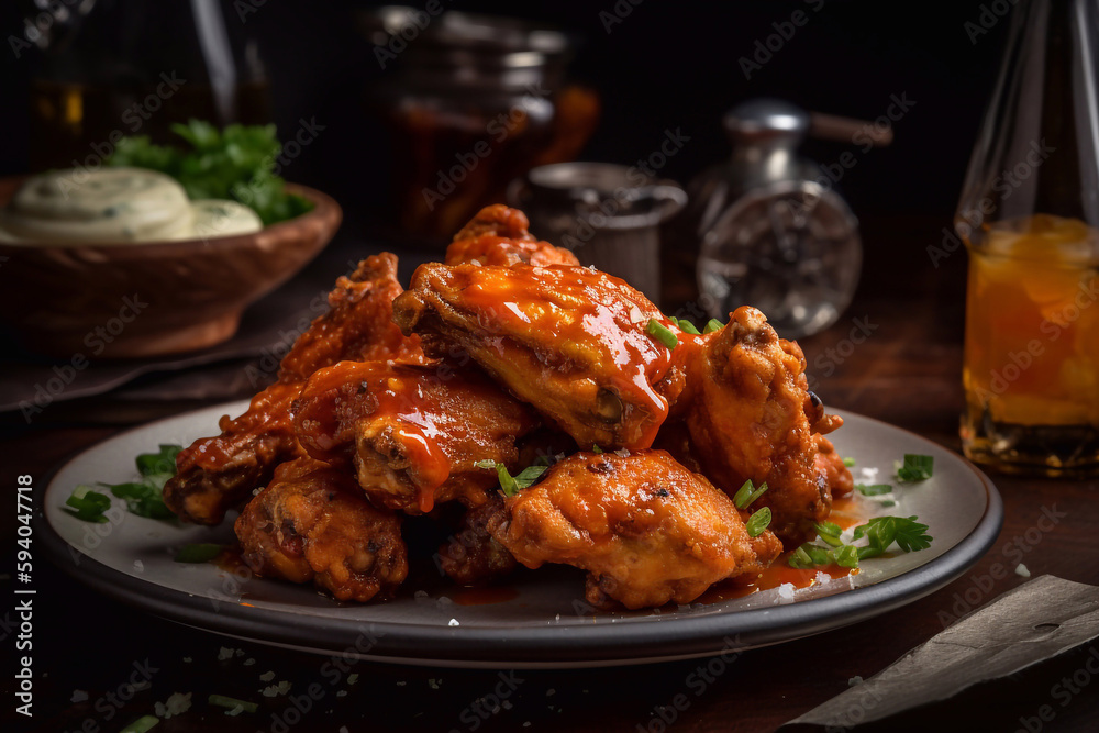 Buffalo chicken wings on a plate in a restaurant, serving close-up. Generative AI.