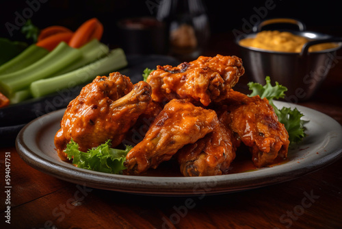 Buffalo chicken wings on a plate in a restaurant, serving close-up. Generative AI.