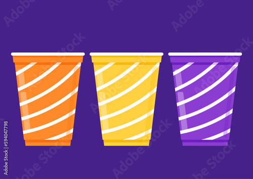 Party cup isolated on purple background, vector illustration. Yellow, Orange and Purple beer cup vector. Beer pong.