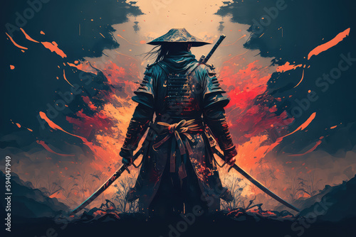 illustration painting A samurai with a katana stands ready to fight against a huge army. 3D illustration. 3D illustration, digital art style. (ai generated)