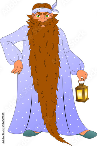 Karabas Barabas a fairy tale character with a long beard in a nightgown with a band on his head