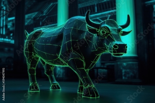 Watchful Bull in Stock Exchange Arena (AI Generated). © zhOngphO