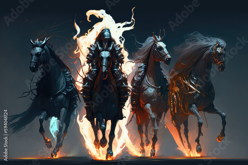Digital illustration painting design style reaper riding the black horse, against life after dead. (ai generated)