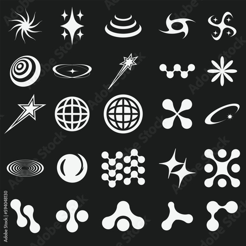Retro futuristic y2k shapes elements for design. Abstract graphic geometric symbols and objects in y2k style. Hipster graphic objects for logo, notes, posters, banners, sticker, web, business cards