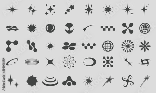 Retro futuristic y2k shapes elements for design. Abstract graphic geometric symbols and objects in y2k style. Hipster graphic objects for logo, notes, posters, banners, sticker, web, business cards
