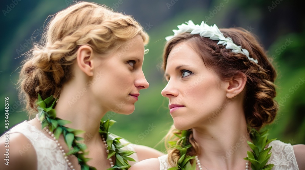 Fototapeta premium Two female brides at the lesbian wedding