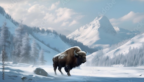 Bison un snow . Created with generative Ai technology.