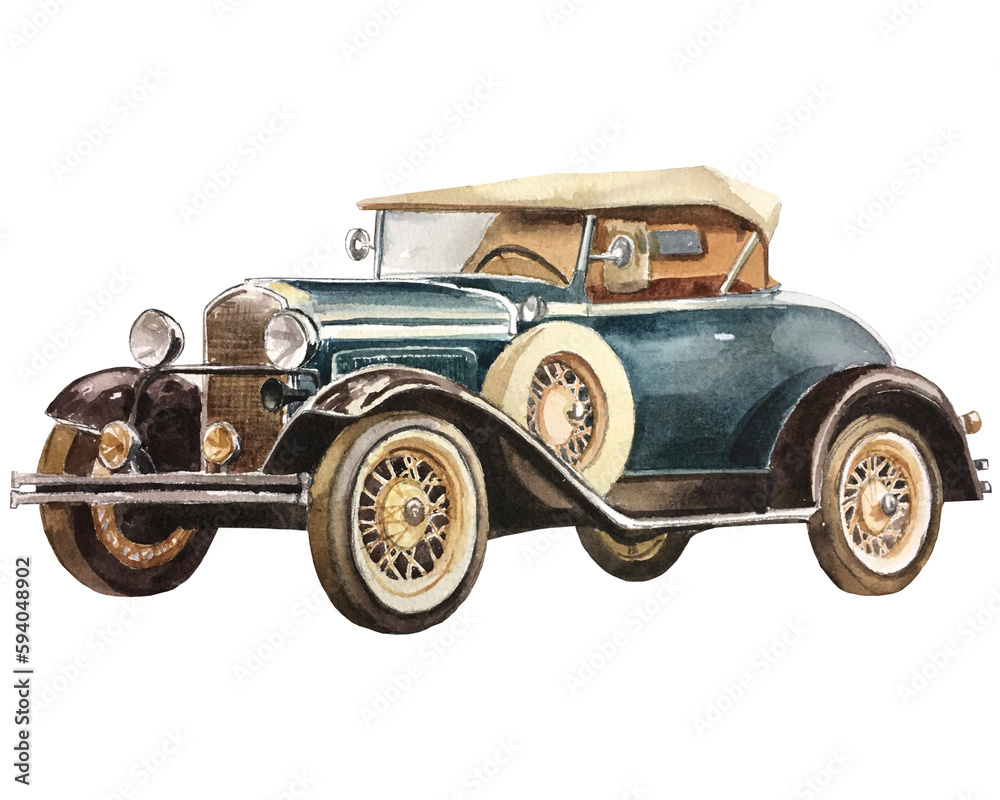 Watercolor illustration of retro car
