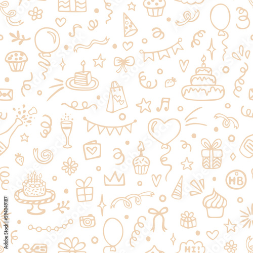 Happy Birthday seamless pattern with hand drawn doodles. Cute design for textile, wallpaper, wrapping paper.
