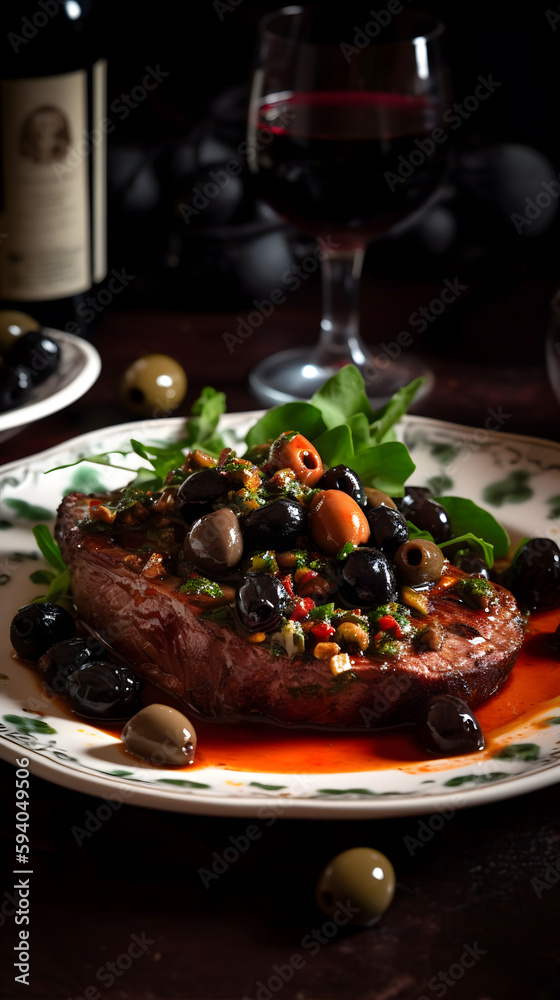delicious steak with olives and vegetable, Bistecca con Salsa di Capperi e Olive Nere
