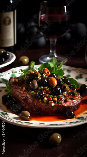 delicious steak with olives and vegetable, Bistecca con Salsa di Capperi e Olive Nere