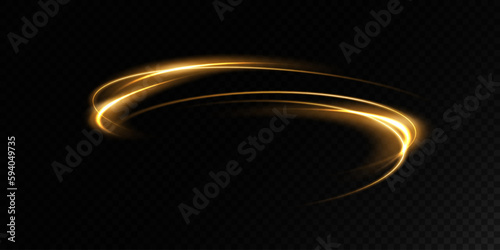 Abstract light lines of movement and speed in golden color. Light everyday glowing effect. semicircular wave, light trail curve swirl, optical fiber incandescent.
