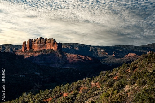 Aerial shot of rock formations in the city of Sedona in a deserted place in Arizona