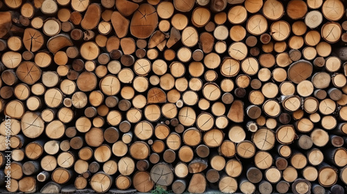 Sawn-off logs are stacked on top of each other. wood industry Generative AI