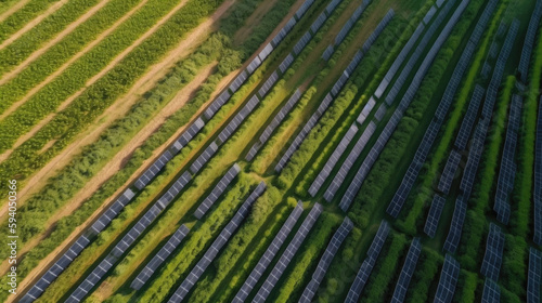 shot from above of a solar energy farm. Generative AI