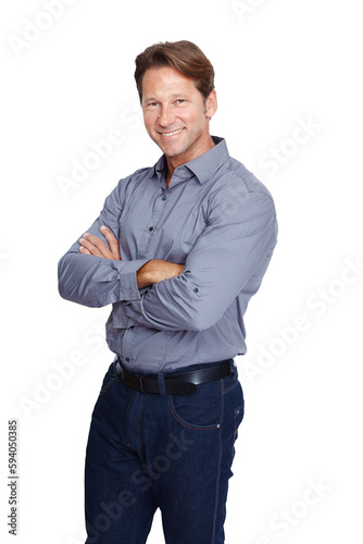 Portrait, smile and business man with arms crossed isolated on a transparent png background. Ceo, professional male and happy, pride and confident entrepreneur, mature person or boss from Canada.