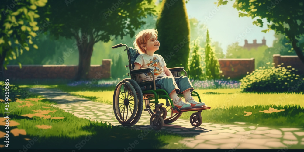 Generative AI, child in a wheelchair in a summer park, green grass, sunny day, joy, inclusiveness, disability, accessible environment, charity, people with disabilities Generative AI, child in a wheelchair in a summer park, green grass, sunny day, joy, inclusiveness, disability, accessible environment, charity, people with disabilities