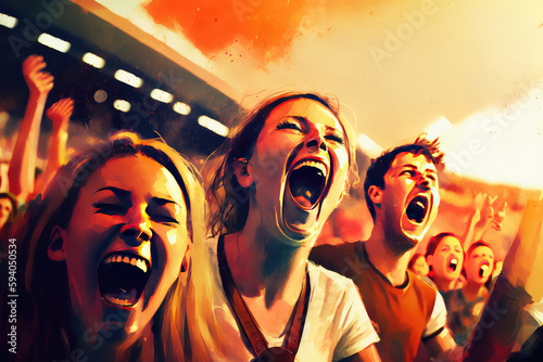 illustration painting of Group of fans cheer for their team victory on a stadium. They wear casual fan clothes. (ai generated) photo
