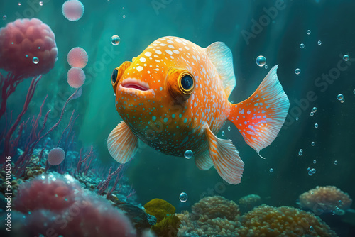 Animals of the underwater sea world. Ecosystem. Cute Yellow tropical fish. Life in the coral reef. (ai generated)