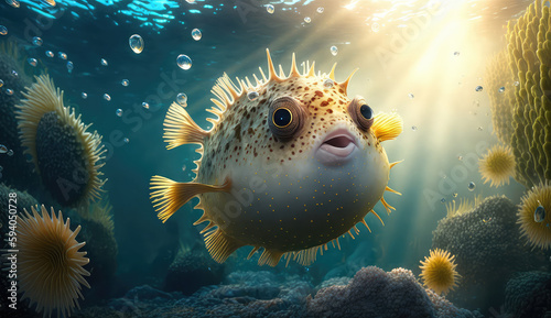Animals cartoon of the underwater sea world. Ecosystem. Colorful tropical puffer fish. Life in the coral reef. (ai generated)