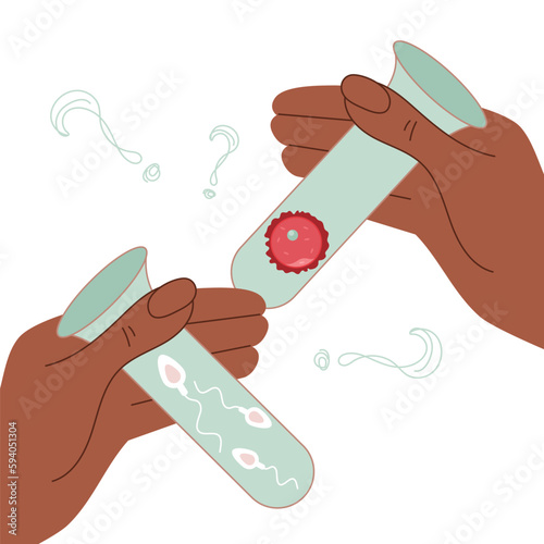 Hands hold test-tube with  sperm cell and egg cell for artificial insemination. Illustration good for poster medical clinic.