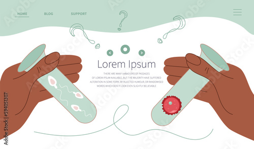 Hands hold test-tube with  sperm cell and egg cell for artificial insemination. Illustration good for medical clinic web landing page.