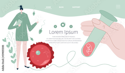 doctor, gynecologist planning pregnancy, artificial insemination, cycle, ovulation and  menstrual period PMS. Hand hold test-tube with embryo. Illustration good for medical clinic web landing page.