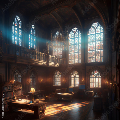 Enchanted Knowledge  Exploring the Grand Library of the Castle Interior. Generative AI 