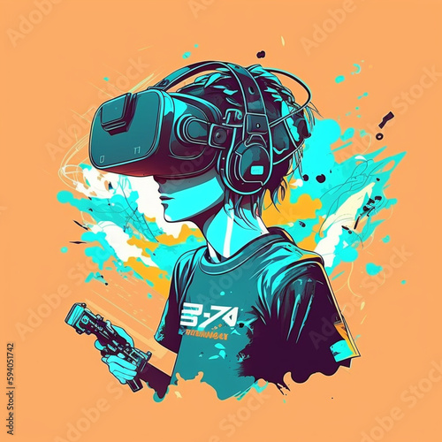 Concept of virtual reality technology, graphic of a teenage gamer wearing VR head - mounted playing game.