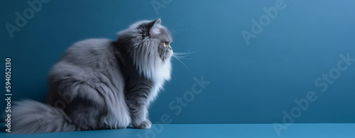portrait of gray persian cat. blue gradient background. with copy space. generate ai