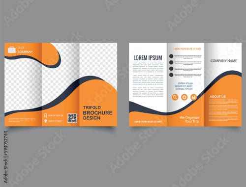 Trifold brochure with orange waves. Corporate brochure, trifold template design