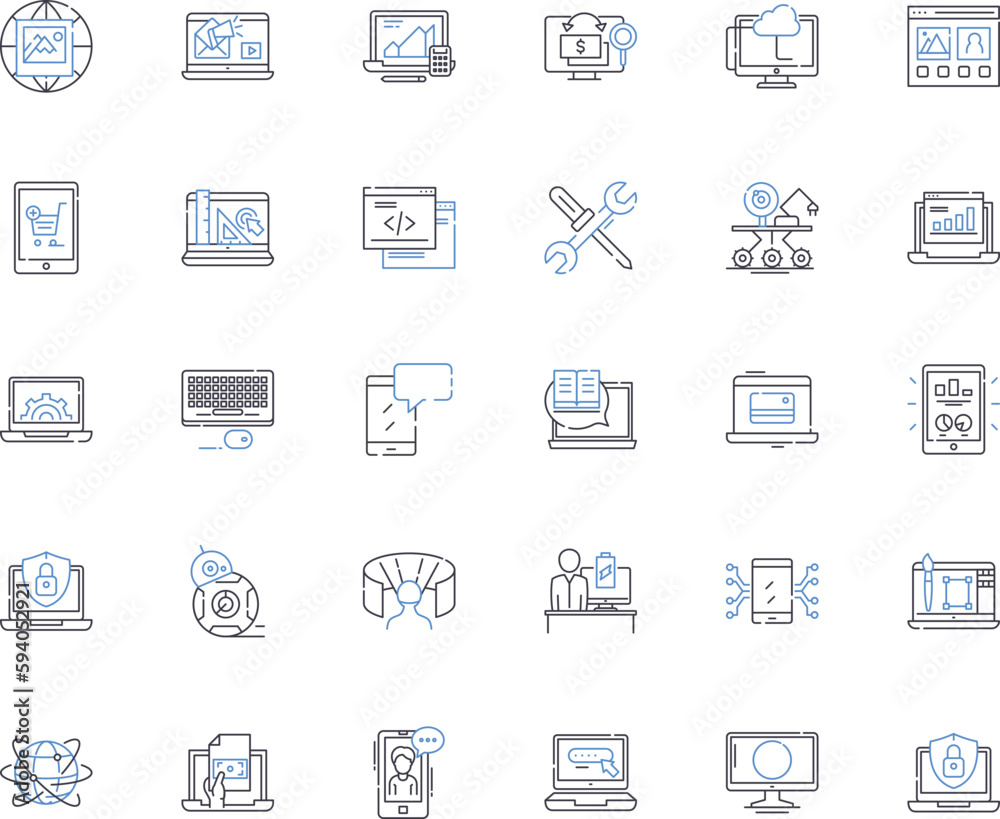 Tech line icons collection. Innovation, Disruption, Automation, Cybersecurity, Blockchain, Augmented, Virtual vector and linear illustration. Cloud,Algorithm,Robotics outline signs set