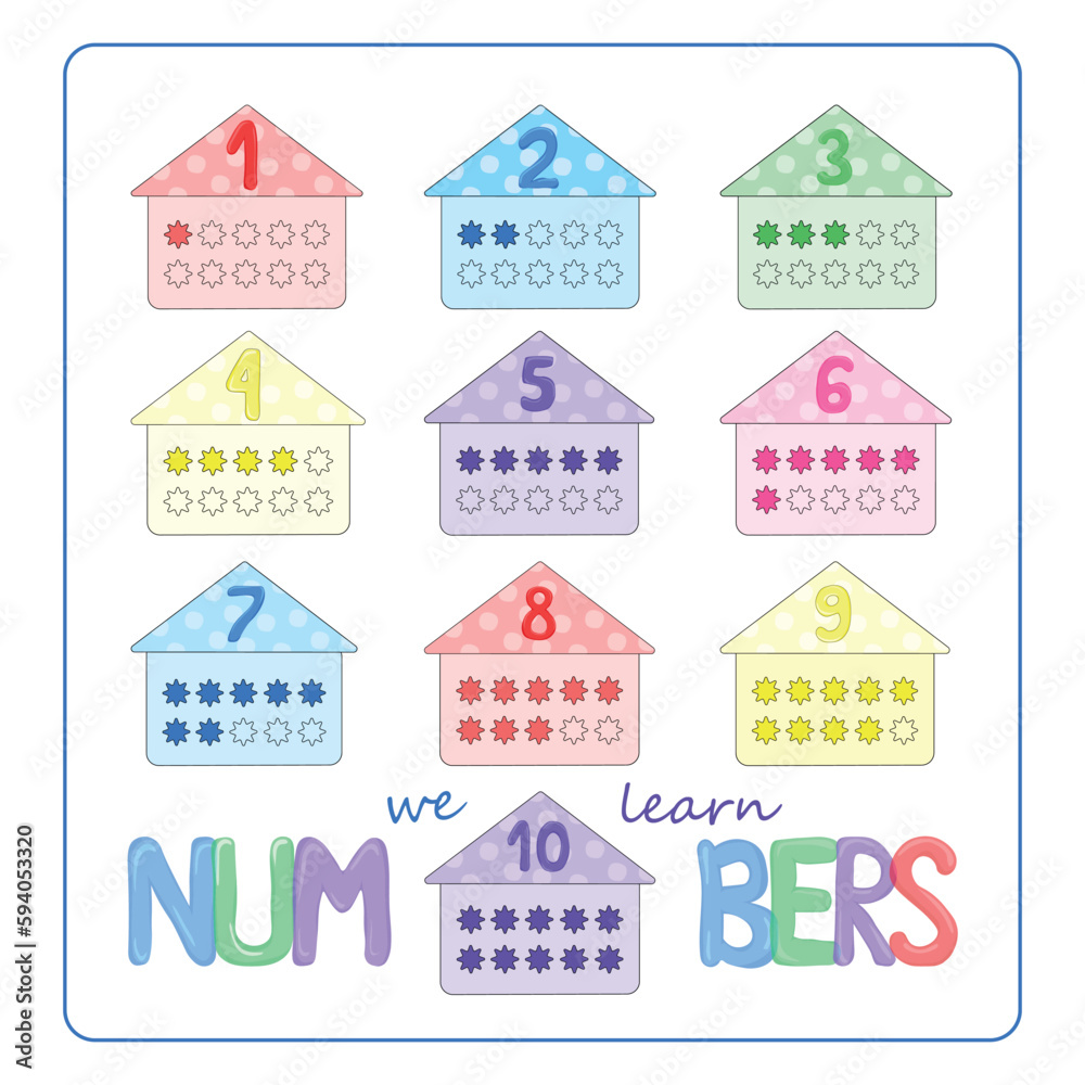 table of numbers from one to ten for junior school and preschool, let's learn numbers - cards in the form of houses for studying numbers up to ten, visual table in mathematics