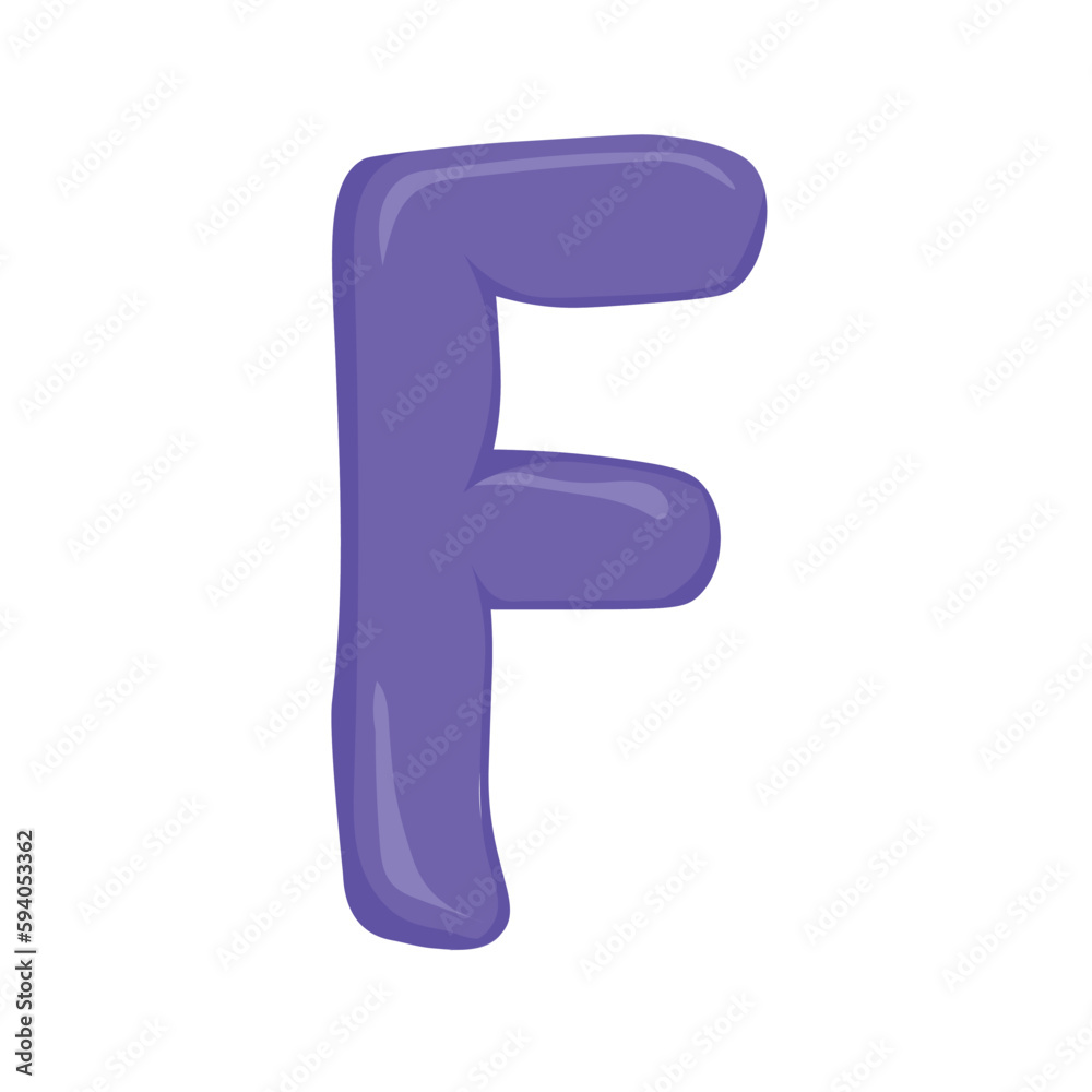 purple letter F of the English alphabet in a colorful cartoon style