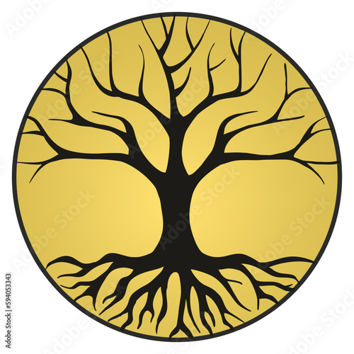 Tree of life spiritual logo icon isolated gold circle without leaves