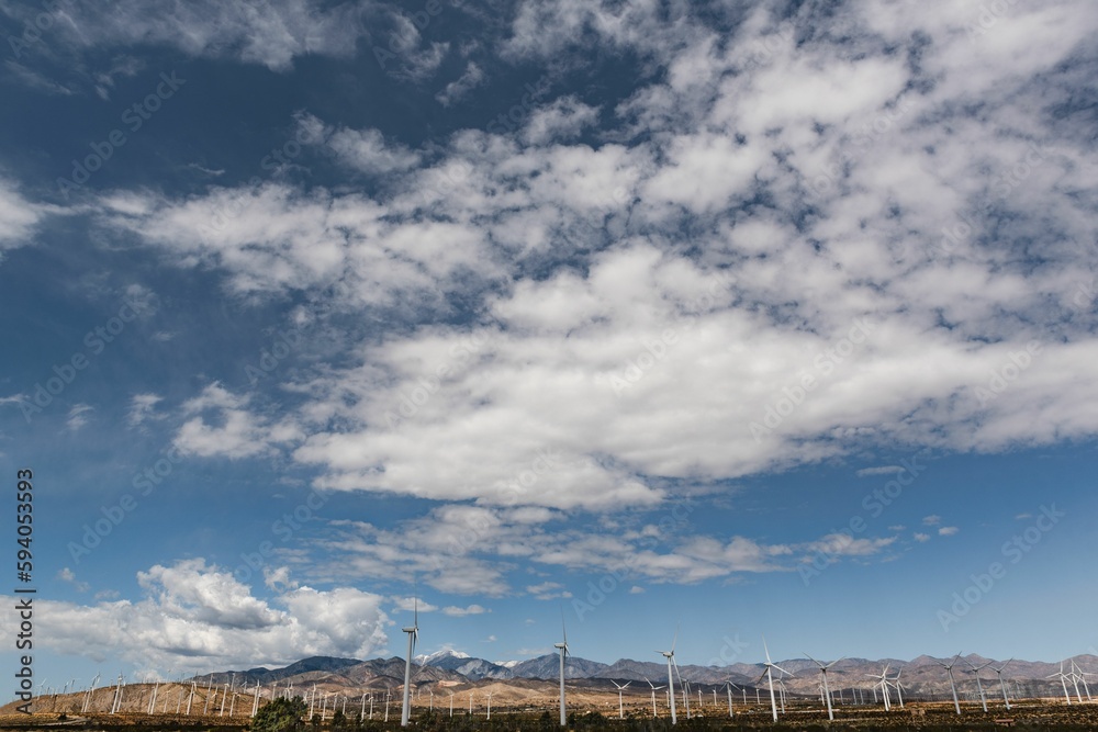 Electric wind farm under an intense blue sky in Palm Spring, CA, USA